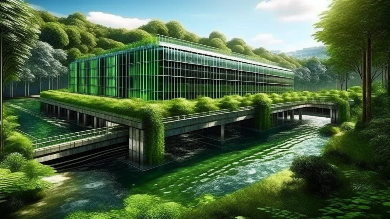 River power plant surrounded by lush greenery, glass blocks reflecting dappled sunlight, creating a vibrant and atmospheric environment that nods to its industrial origins and the essential role of water.