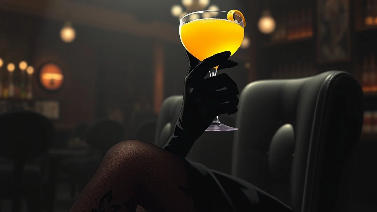 midle close up gray-toned, contrasting graphics, a lady in a black casual dress, black lace nice nylon stockings sitting on a bar chair in bar, holding a yellow mimosa cocktail in her long black gloved hand, atmospheric, strong contrasts, shadowy background, focus on the hand holding the cocktail, moody, pale ligts, anime style, cinematic