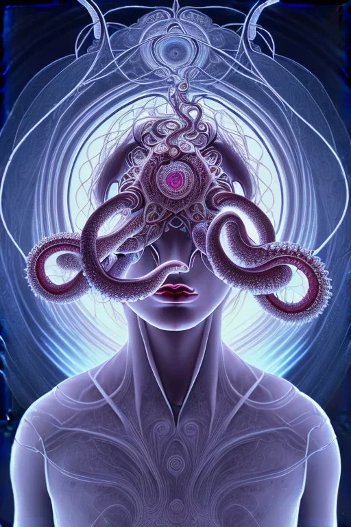 Spiritual being with Tentacles over human Head creating reality around, wrapping Spiral around Human, Psychedelic