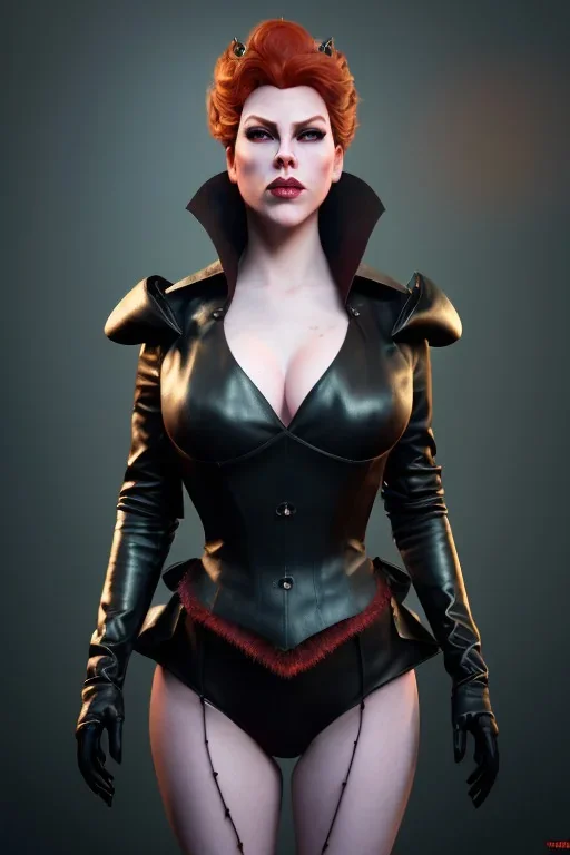 Hannah Waddingham as evil queen in black leather, busty, cleavage, voluptous, rebecca Welton, angry, stern look. character design by cory loftis, fenghua zhong, ryohei hase, ismail inceoglu and ruan jia. unreal engine 5, artistic lighting, highly detailed, photorealistic, fantasy