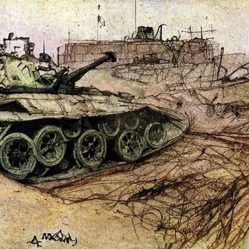 Russian tank, kherson, by Arthur Rackham, destroyed