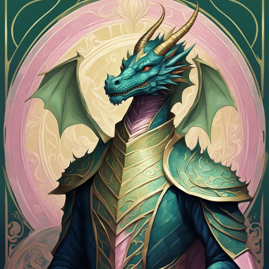 Bordered digital art of a Dragon Emporer, in the style of torat and art deco, with olive green, pastel pink, rich blues and Shimmering golds accents. Fantasy art. High quality, masterpiece. Dungeons and dragons