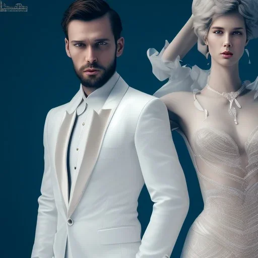 close-up portrait, 8K, a Highly detailed stunning image of Dom man with a submissive woman, woman sitting, a white suit, beard, and short hair,