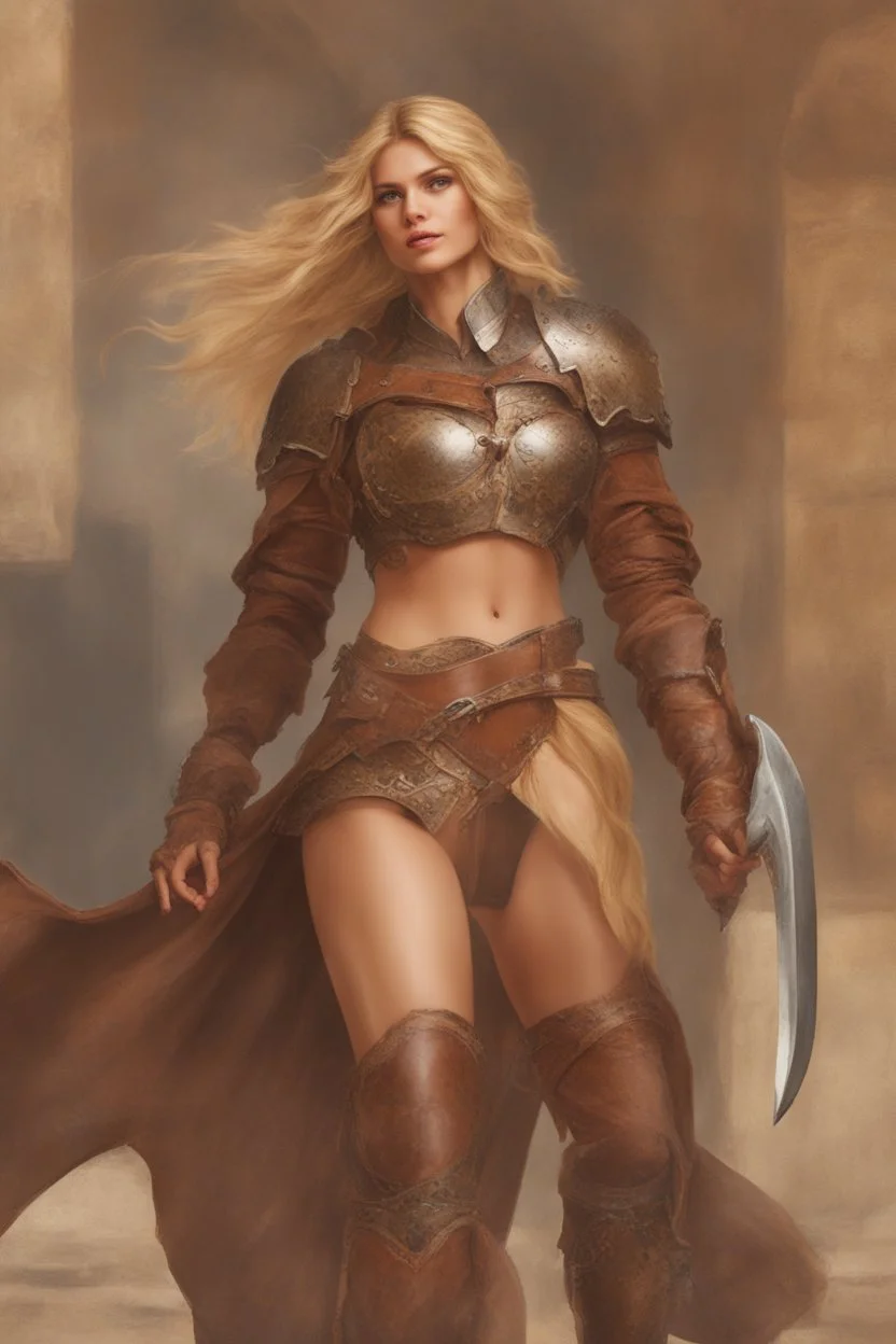 A beautiful woman with blond hair. Brown leather armor.