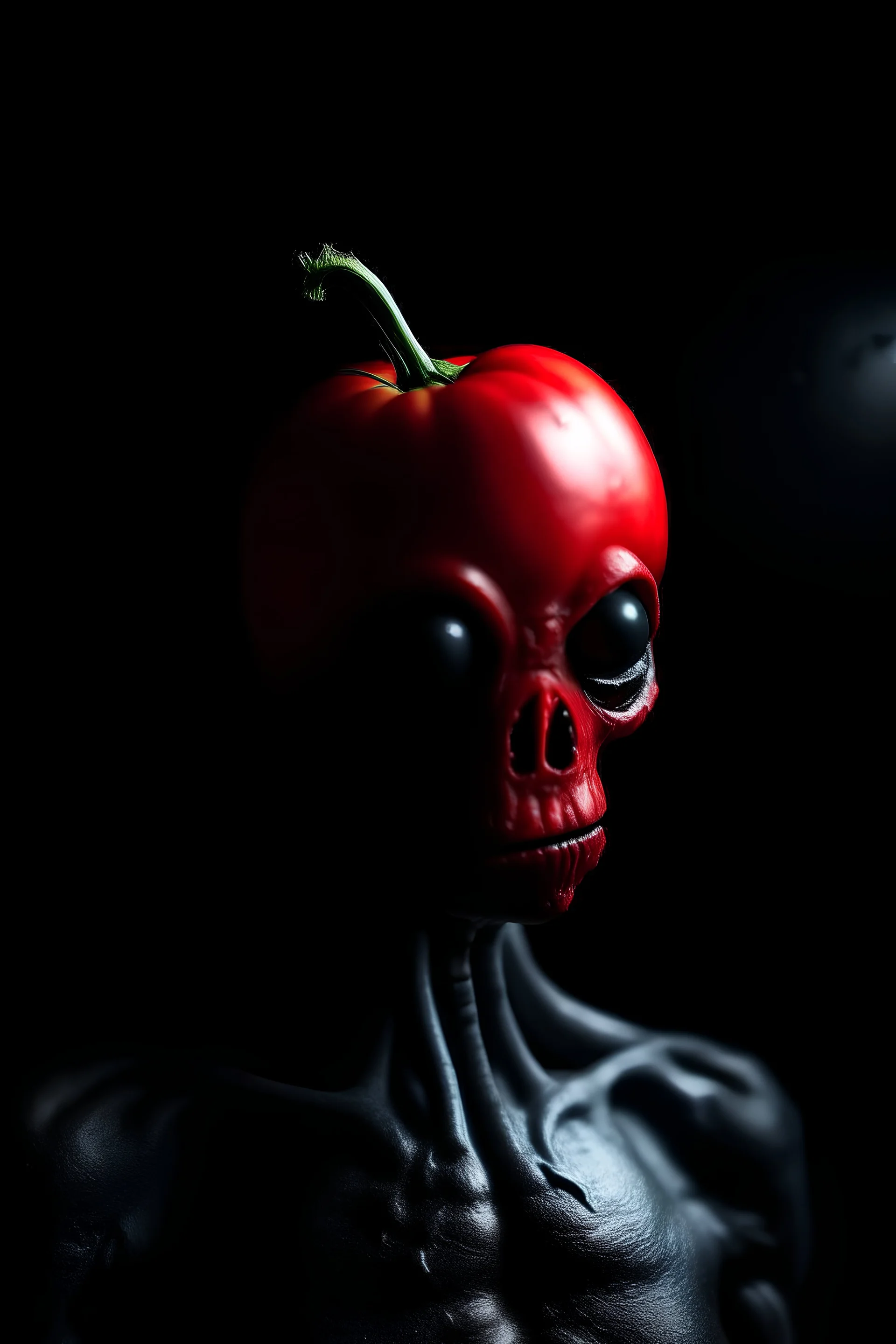 Dark, moody, high contrast, an alien with a tomato head