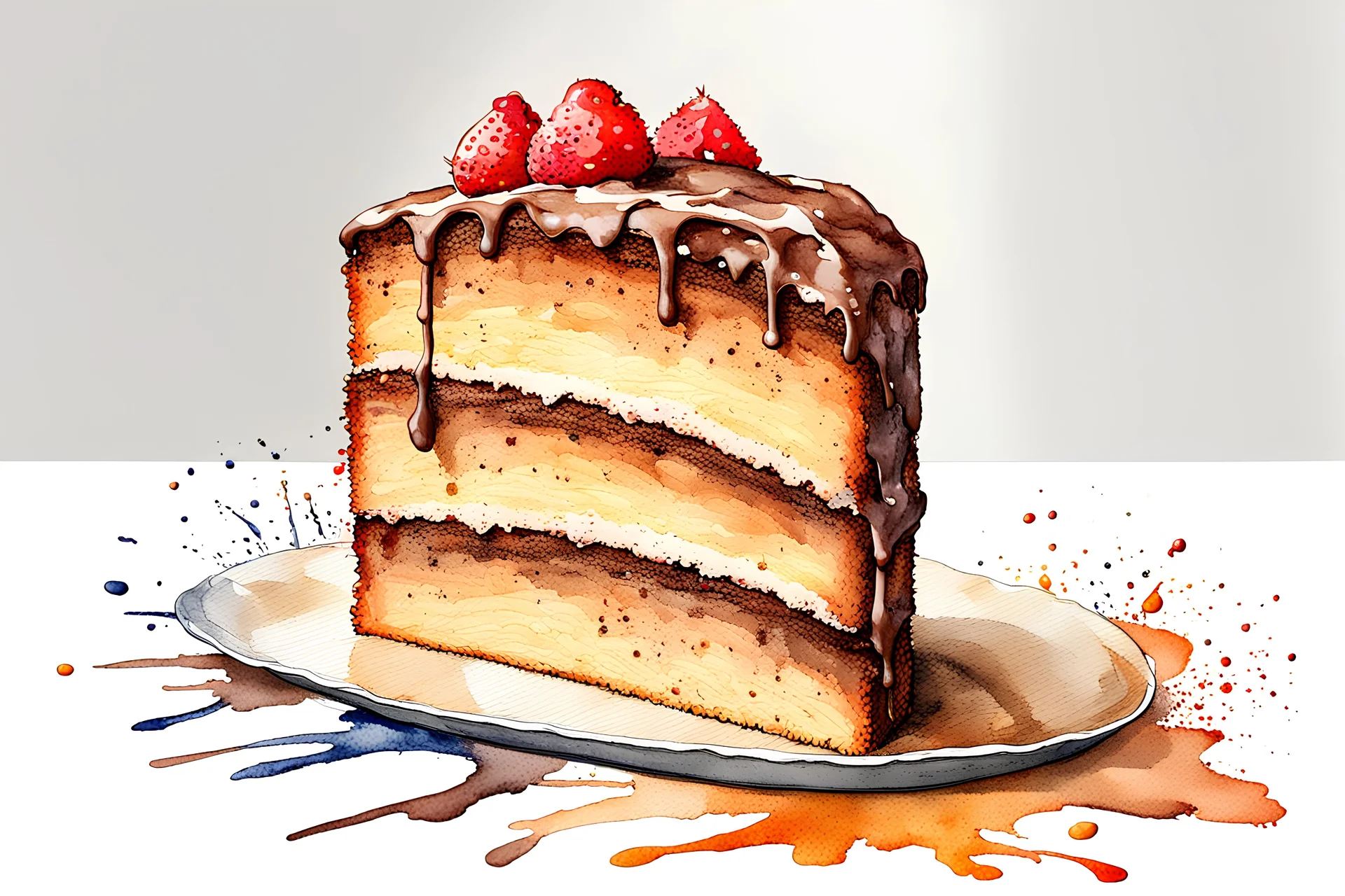 paint-splattered watercolor painting of a brown plain cake without icing or cream or decoration on a bright white background