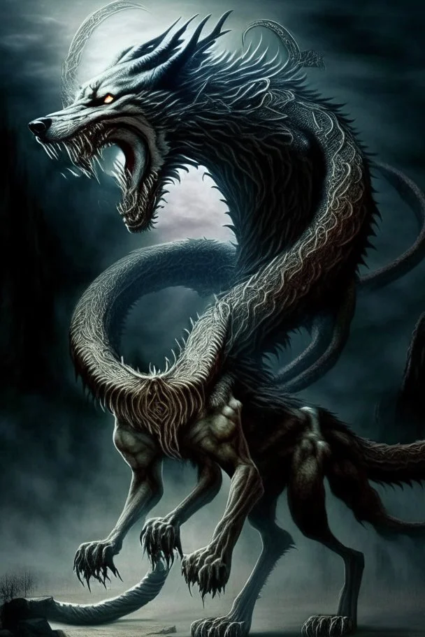 demon huge humanoid wolf with a snake instead of tail