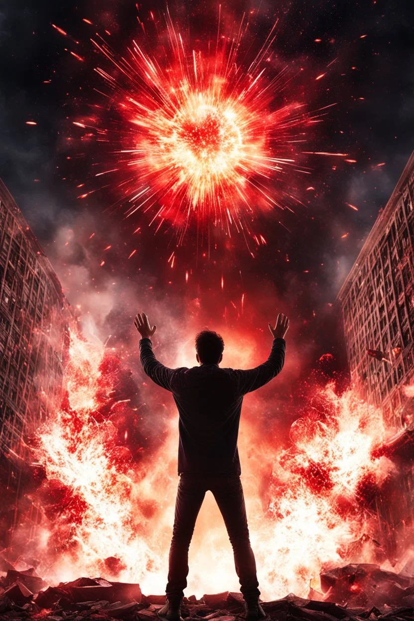 Young man standing, with arms raised, in front of an exploding building at night, with red auras around him