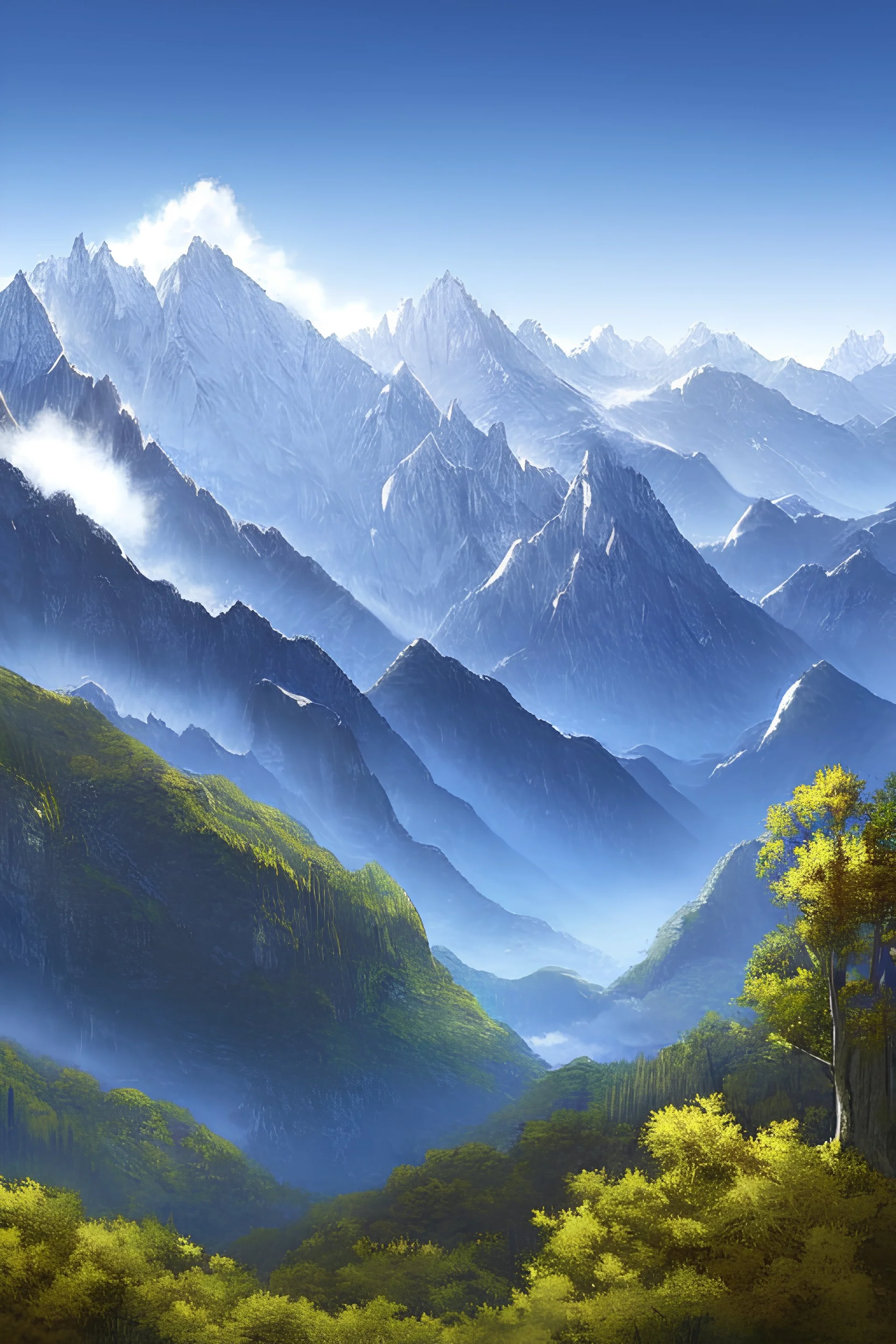 A poster-style depiction of mountains, aspect ratio 32:9, resolution 3600x1080