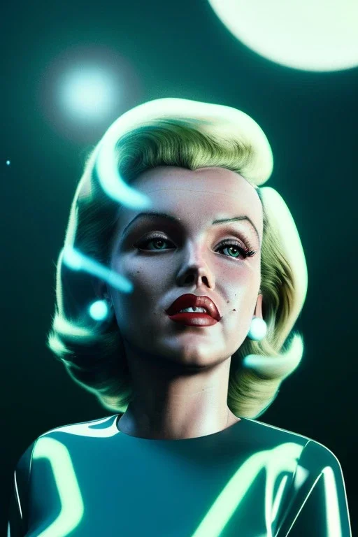 Ultra Realistic retro sci-fi scene, portrait, blonde woman, sweet young Marilyn Monroe face, perfect iris, tight latex coat, Strange planet background, Retro sci-fi style helmet, fog, rain, soft color, highly detailed, unreal engine 5, ray tracing, RTX, lumen lighting, ultra detail, volumetric lighting, 3d, finely drawn, high definition, high resolution.