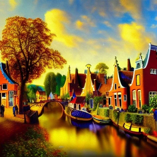 an ultradetailed painting of a netherlands village, golden ratio, 4 k resolution, 8 k resolution, oil on canvas, landscape with Bright Colors, pop art