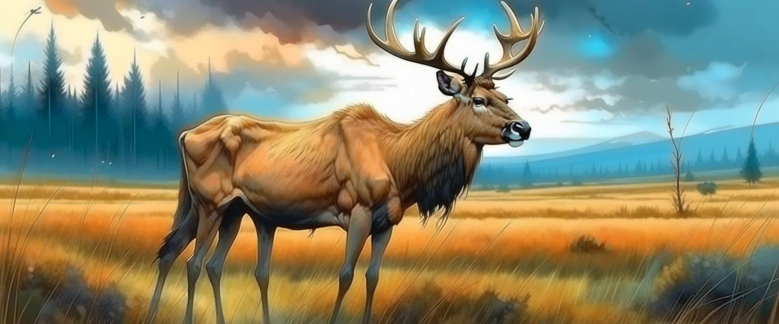 an Elk in a prairie field, detailed fantasy illustration