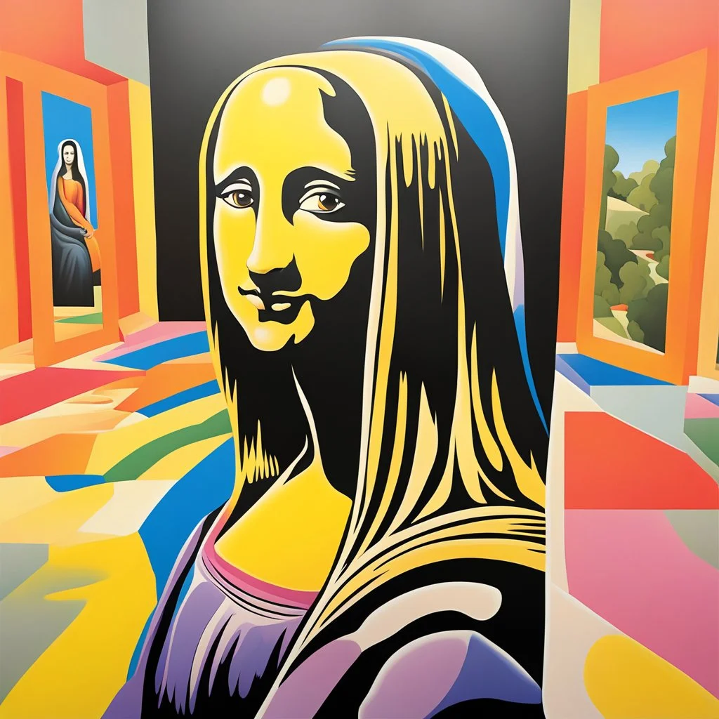 A conceptual painting that explores the idea of art coming to life. The Mona Lisa, with a serene expression, hangs on the wall of a gallery. The fluid from her painted eyes starts to flow down, creating a trail that gradually transforms from monochrome to a kaleidoscope of vibrant colors. The floor of the gallery is covered in this flowing color, creating a stunning contrast to the minimalist design of the room. The overall atmosphere is surreal and thought-provoking, inviting viewers to questio