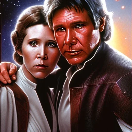 old carrie fisher embracing harrison ford in star wars, waist up portrait, photorealistic faces, intricate, oil on canvas, masterpiece, expert, insanely detailed, 4k resolution, cinematic smooth, intricate detail , soft smooth lighting, soft pastel colors,