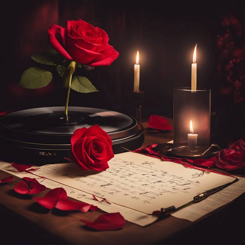 Picture this: A dimly lit room, adorned with flickering candlelight. Soft, velvety textures in shades of crimson and rose. A vintage record player gently spinning a vinyl record, filling the air with nostalgic melodies. An old love letter, delicately unfolded, revealing handwritten words that once ignited hearts. In the foreground, a solitary red rose, its petals slightly wilted, symbolizing the passage of time and the bittersweet nature of love. A sepia-toned filter adds a touch of vintage char