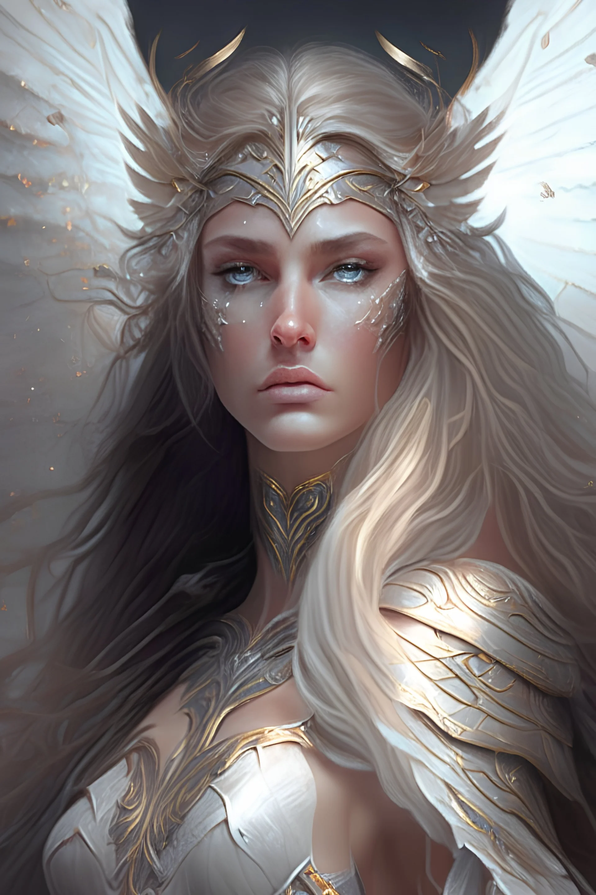 female Valkyrie, busty, elegant, delicate features, piercing eyes, long flowing hair. graceful, ethereal appearance, elegant posture. fantasy, intricate armor, elegant, highly detailed, digital painting, artstation