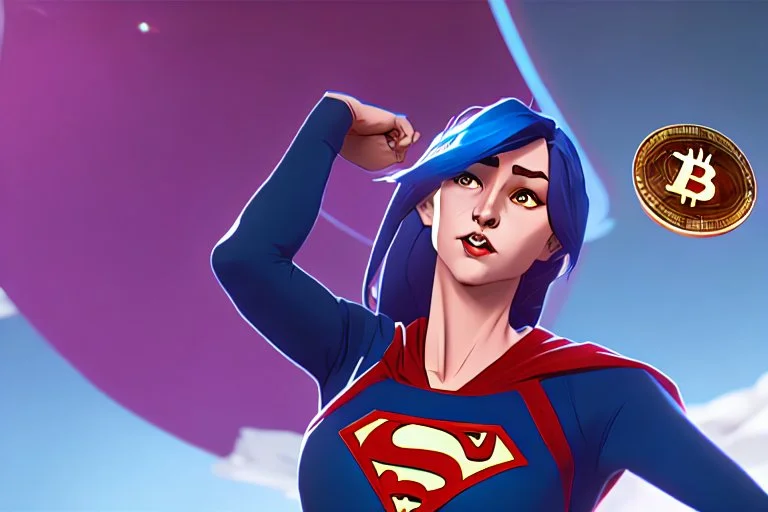 Supergirl holding a Bitcoin coin while flying in the orbit of Earth.