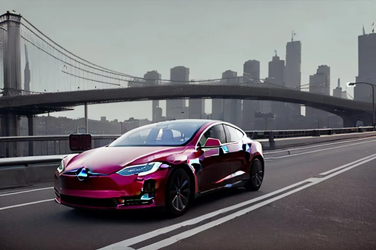 A Tesla 'Model S' is going at a high speed, on the 'FDR Drive', eastern Manhattan. (CINEMATIC, WIDE ANGLE LENS, PHOTO REAL)