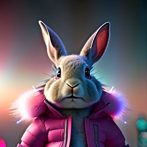 pixar style anamorphic cute cyberpunk rabbit baby, smiling, full body, magenta puffer jacket, manila city backdrop, hyper realistic, unreal engine 5, 16k