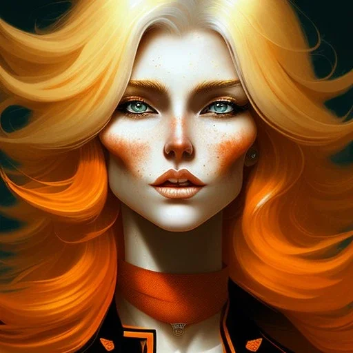 fantasy setting, woman, two-toned streaked orange and white hair, wavy hair, freckles, ranger, more orange hair, more white hair,