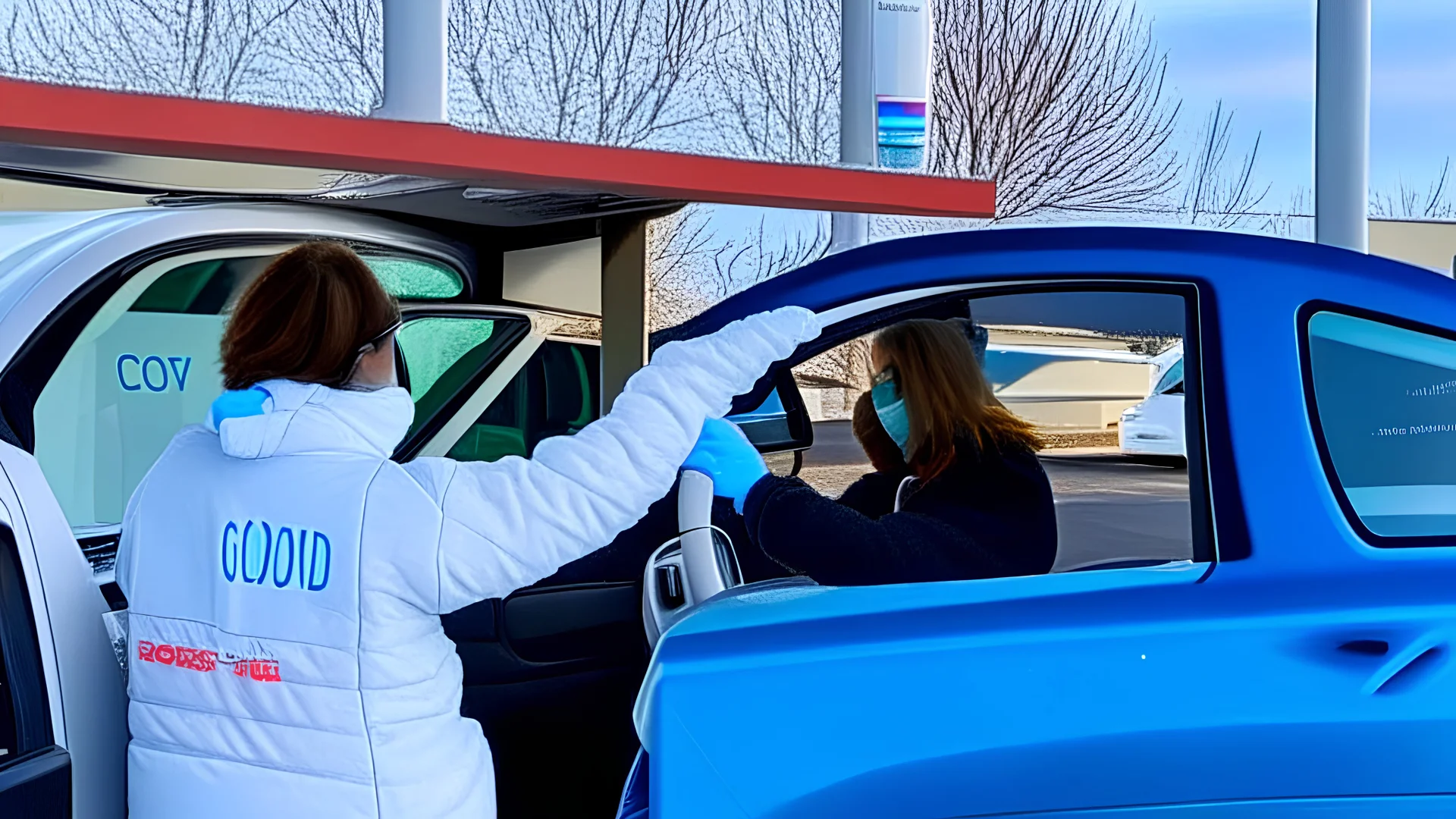 giving a drive-through covid test