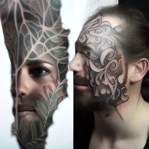 "full face tattoo of leaves and gnarled branches extending past face and morphing into reality, 8k resolution, high-quality, fine-detail, muted colors,intricate, digital art, detailed matte, volumetric lighting, illustration, octane render