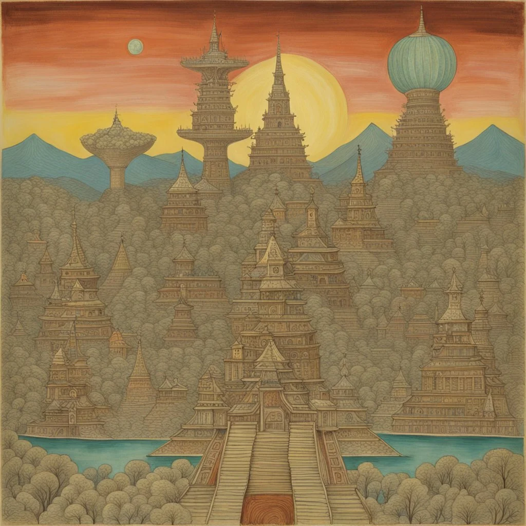 art by "Canan Berber Betye Saar", painting, landscape , Feigned The Palace of Asgard and Tokyo, at Dawn, Illustration, Hopeless, 70s Science Fiction, Provia, overly complex style