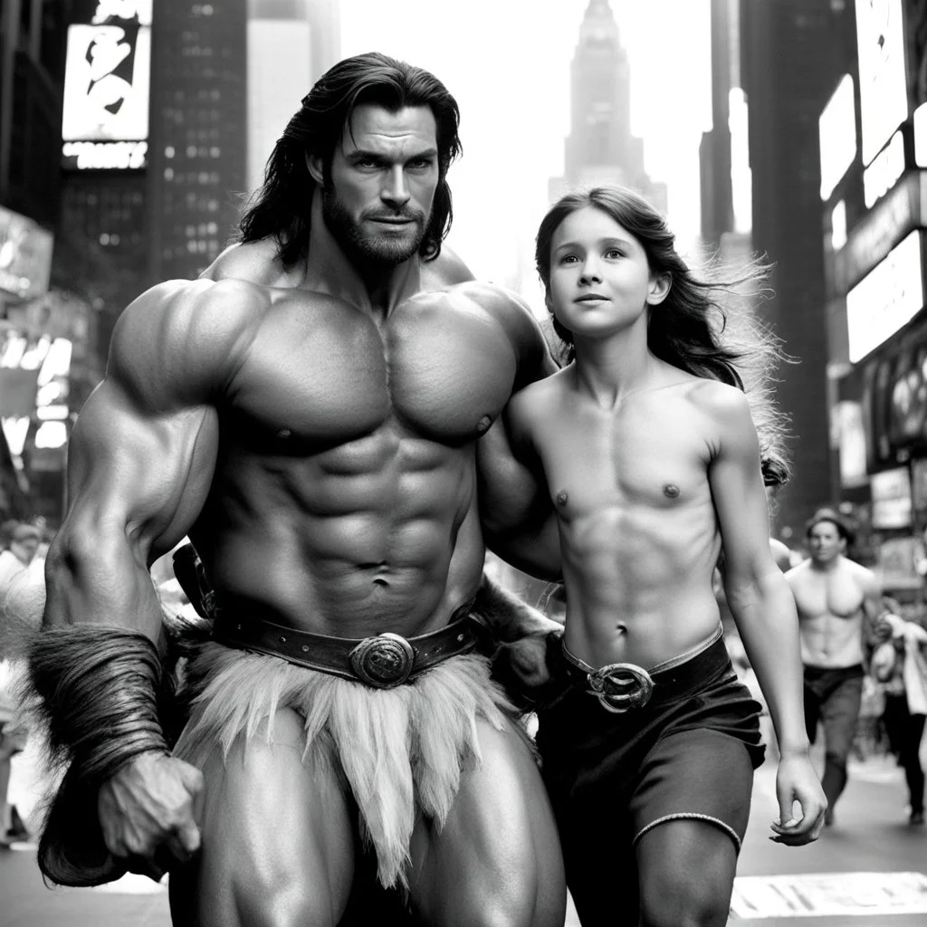 [father, wife and son] In the heart of New York City, the fearless and primal Tarzan, accompanied by his adventurous wife Jane Porter and their young son Korak, stand in Times Square