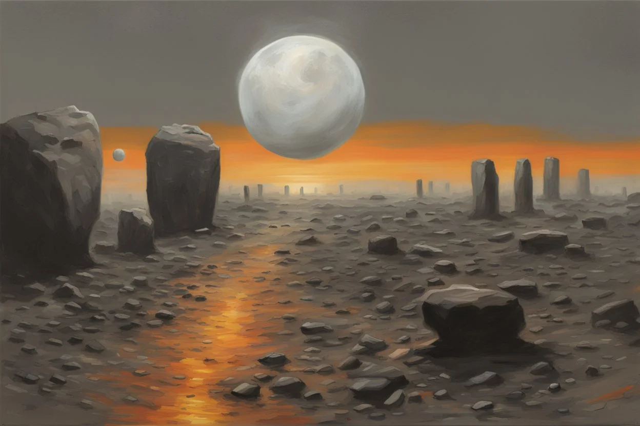 Grey sky with one exoplanet in the horizon, rocks, sci-fi, 2000's sci-fi movies influence, rodolphe wytsman and friedrich eckenfelder impressionism paintings