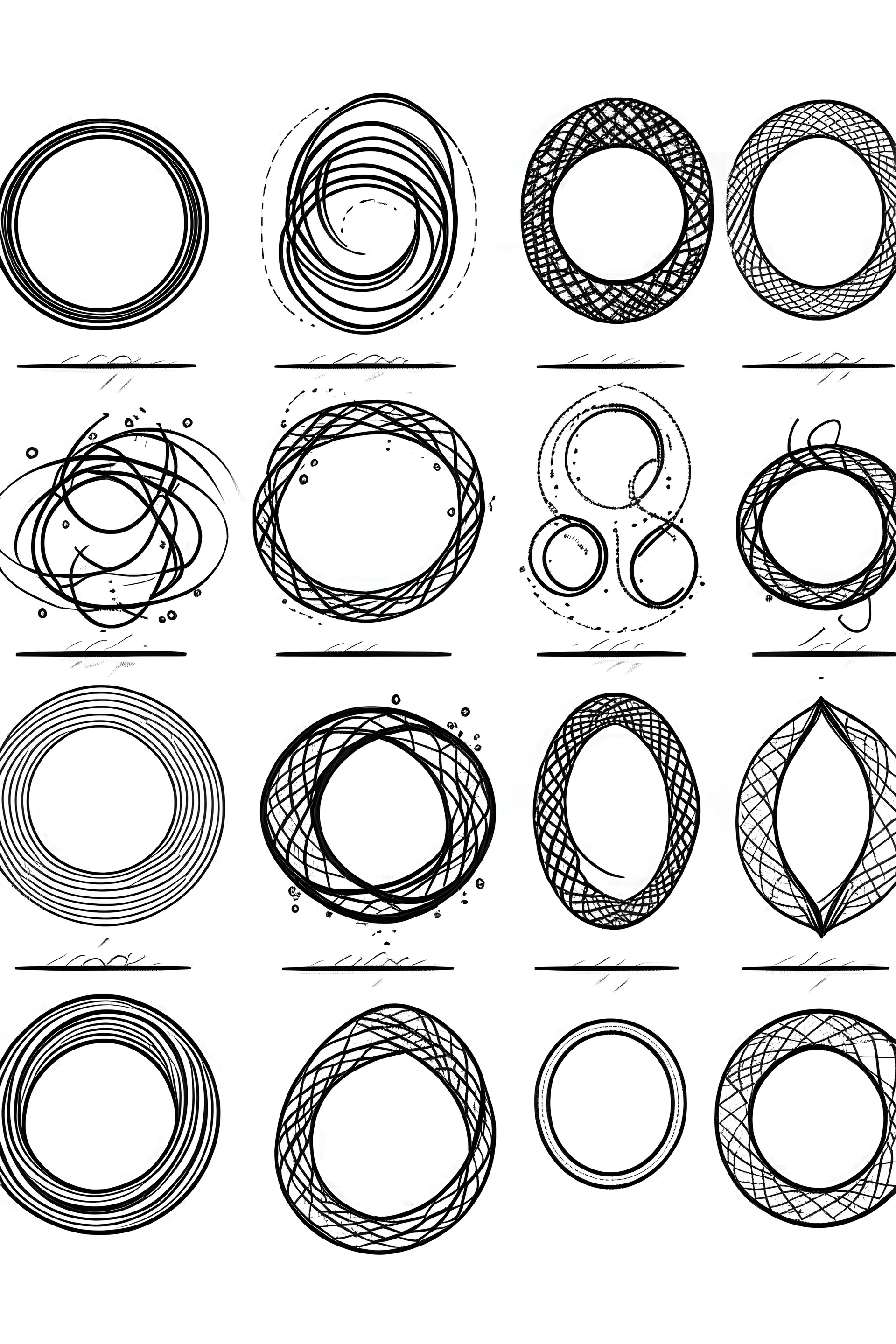 A page of 10 vector infinity symbols drawings with clean fine line , black ink on white background