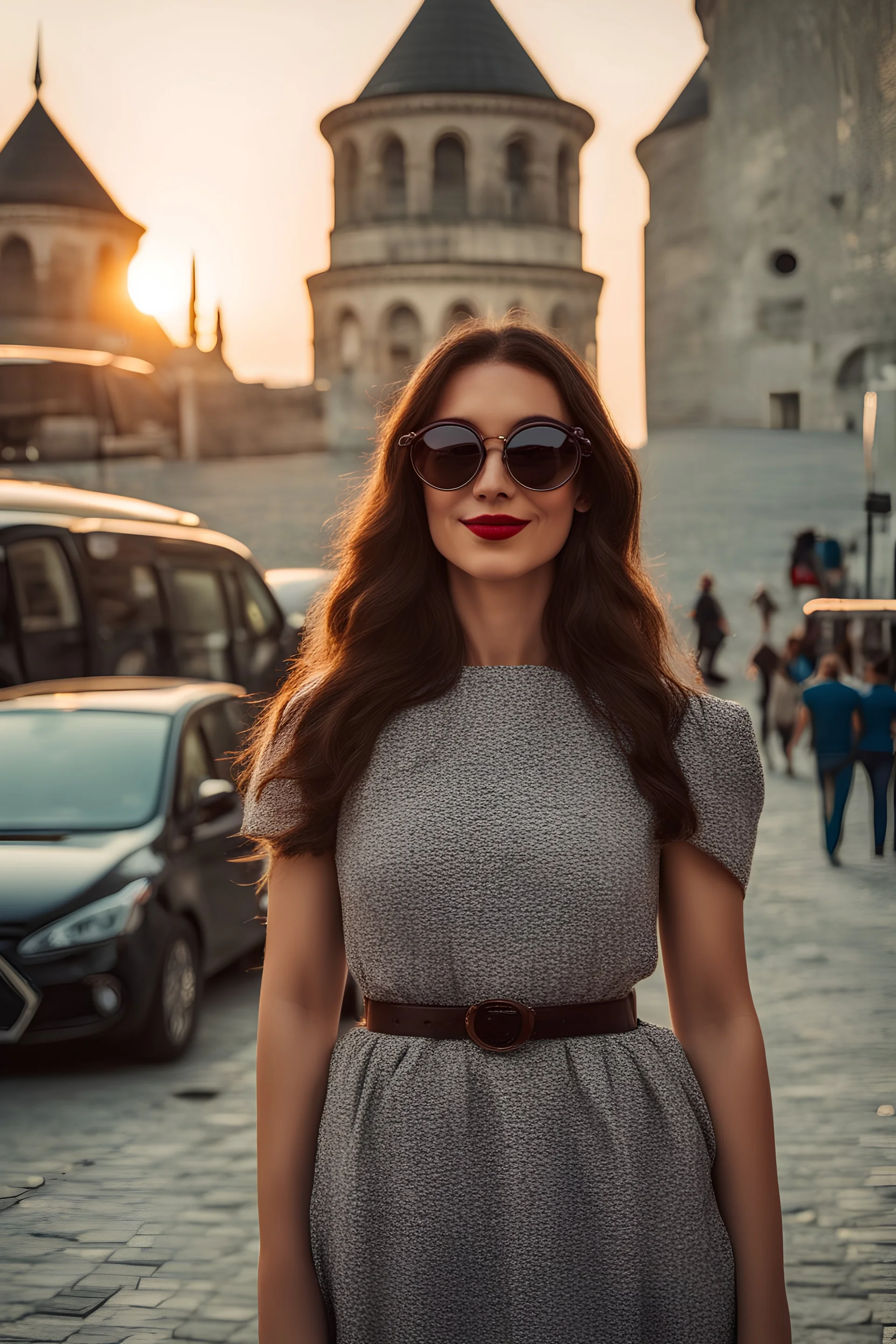 A selfie of a brunette woman in her big sunglasses in Istanbul at sunset.