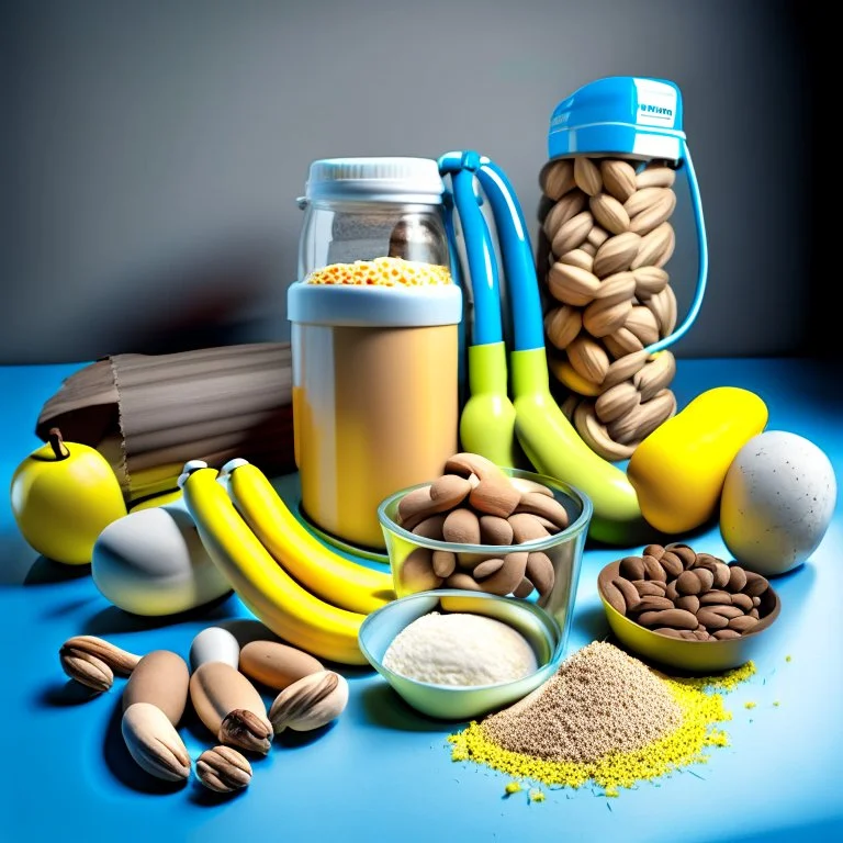 Ingredients for a proteinshake. Eggs, bananas, protein powder, nuts, studio view. Workout items, jump rope, realistic.