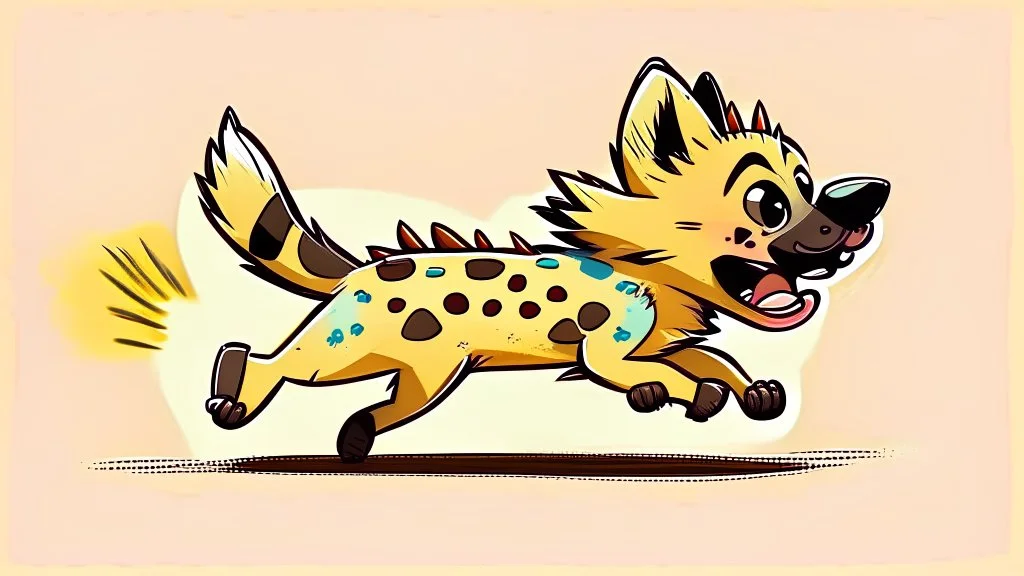 Cute chibi hyena dog chasing its own tail, cartoony, colorful, exaggerated, simplified, adorable