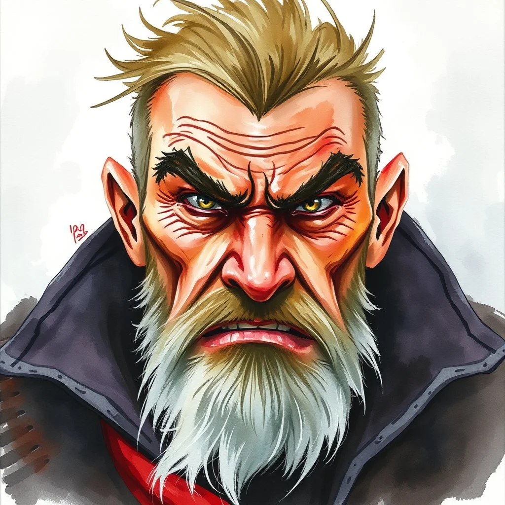 dnd, fantasy, watercolour, large strokes, stylistic, dull colors, portrait, illustration, artistic, professional illlustration, male, face, weathered face, sly, violent, evil, vigorous, rogue, criminal