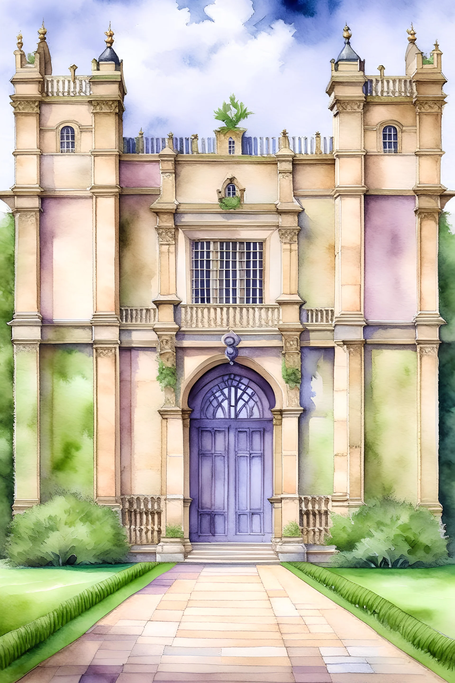 aquarell fo old british english castle, symmetrical, huge, cloudy sky, details, huge wooden front door, green garden alley infornt tiny violett flowers