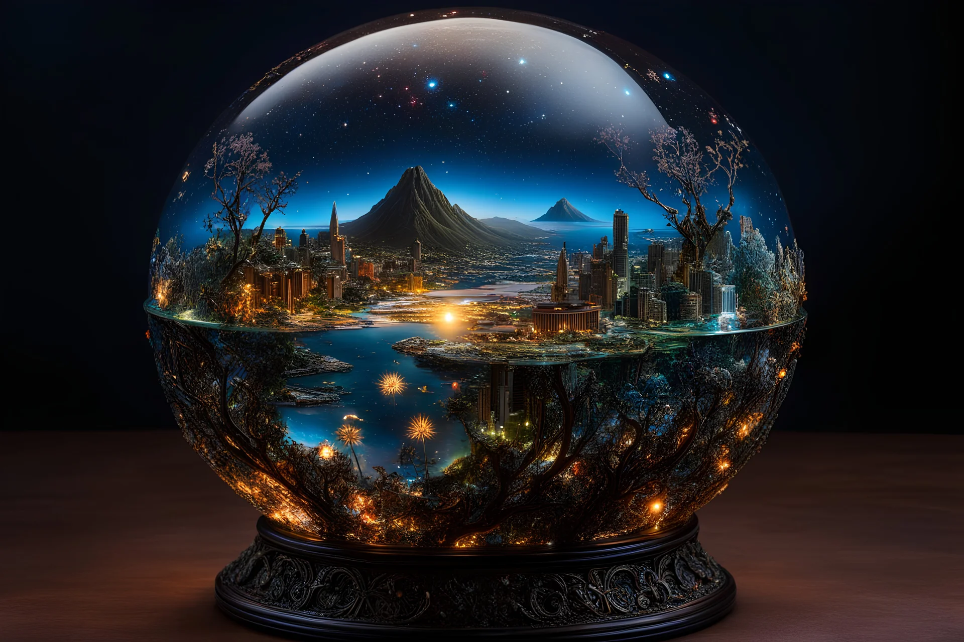 glass globe with intricate miniature Galapagos Epic cinematic brilliant stunning, by Su Blackwell, fantastical, intricate details, maximalism, dramatic, hyperdetailed, mega maximalist, Su Blackwell, holographic astral cosmic brilliant nighttime array by Pablo Amaringo