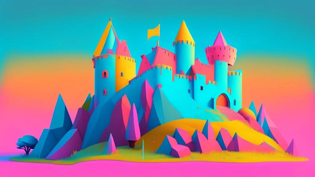 Pink, orange, yellow, dark blue and aqua blue castle on a hill