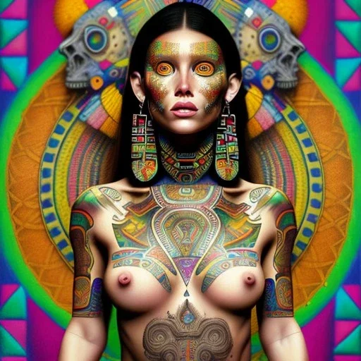 dibujo al oleo de cuerpo entero de mujer tribal Azteca bella con tatuajes estilo Gustav Klimt 4k