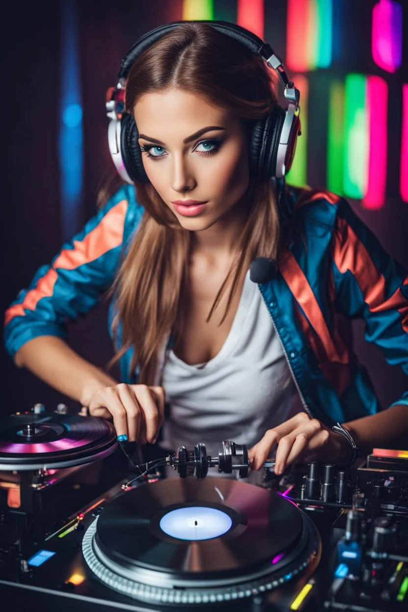 Photography super model pretty girl with headphones playing music on a turntable, dj rave party disco club