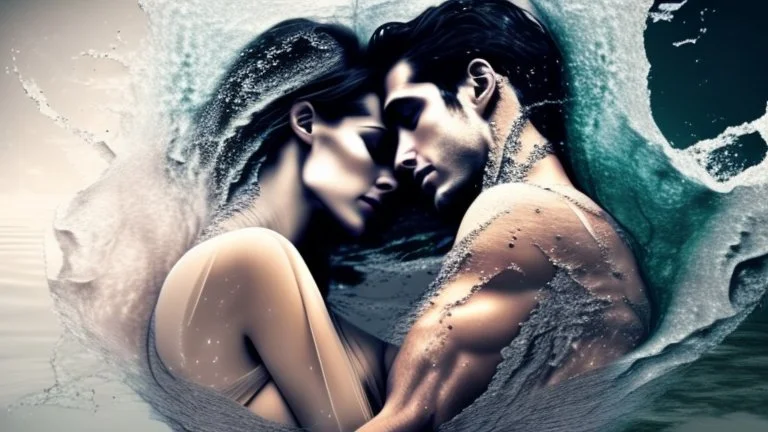 Two clothed bodies hugging each other with their bodies like water, fusing and imploding