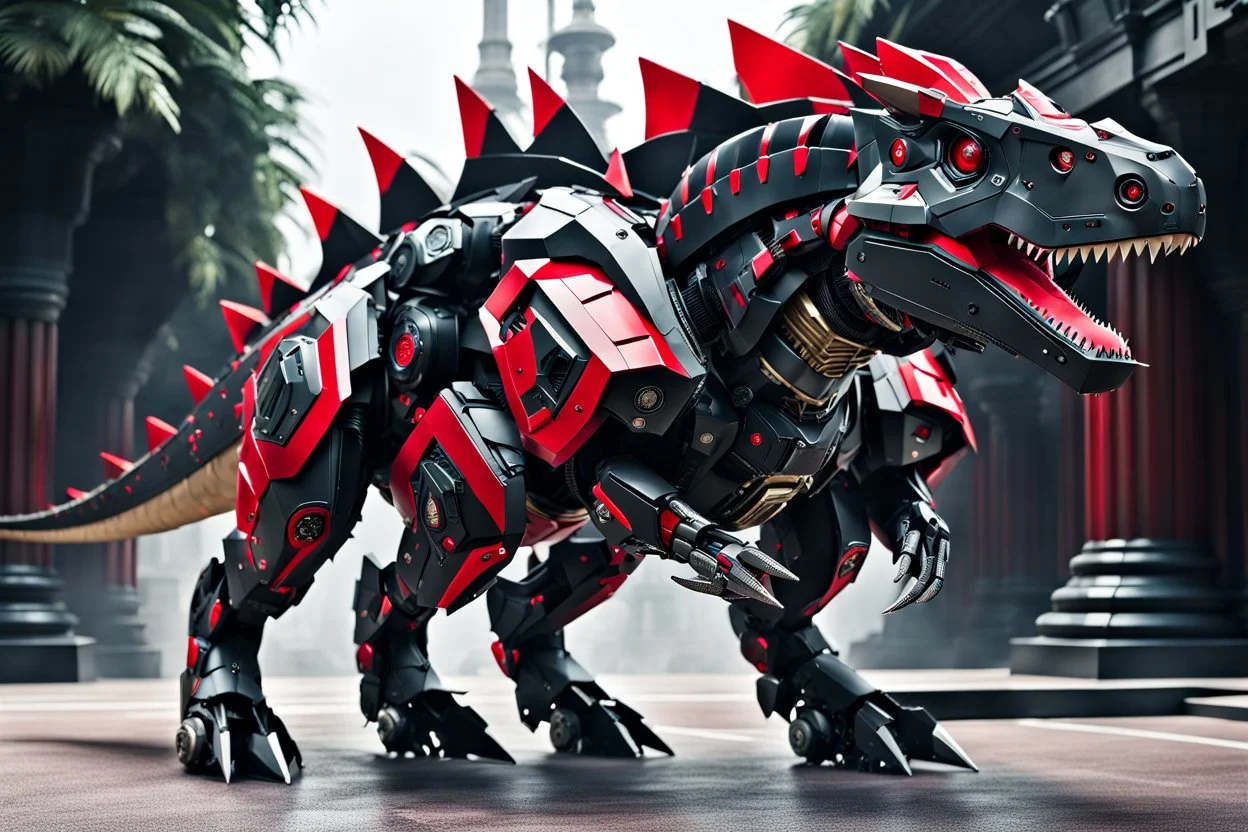 big dinosaur robot with black and red color schemes, in the style of fairy academia, hard-edge style, agfa vista, dynamic pose, oshare kei, hurufiyya, rtx, close picture, intricate details, highly detailed, high details, detailed portrait, masterpiece,ultra detailed, ultra quality