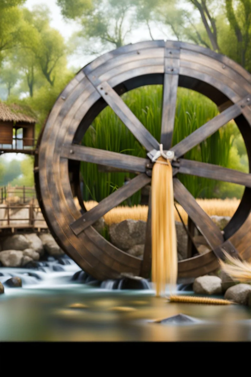 wide angle shot of golden wheat field next to river ,a watermill on river, a beautiful girl in pretty long dress walking in