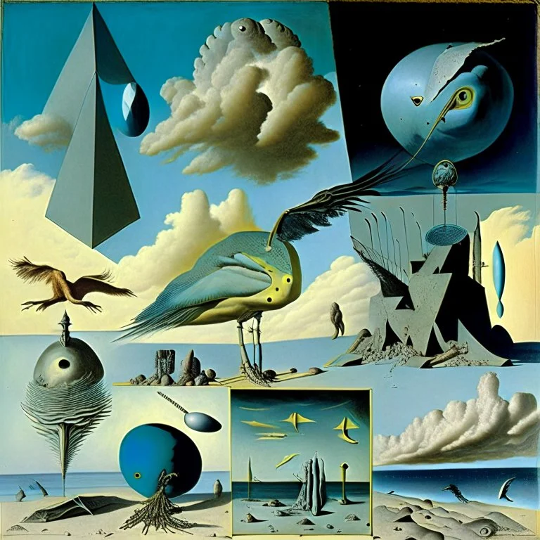 Strange objects of various shapes, scattered over a place, clouds, Max Ernst, Audubon, Amano, Walton Ford, Yves Tanguy