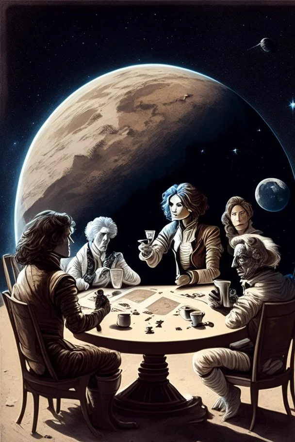 Captain Janeway, Einstein, Leonardo Davinci, Plato, and Amelia Earhart playing cards while drinking coffee sitting on the surface of the moon with Earth in the background