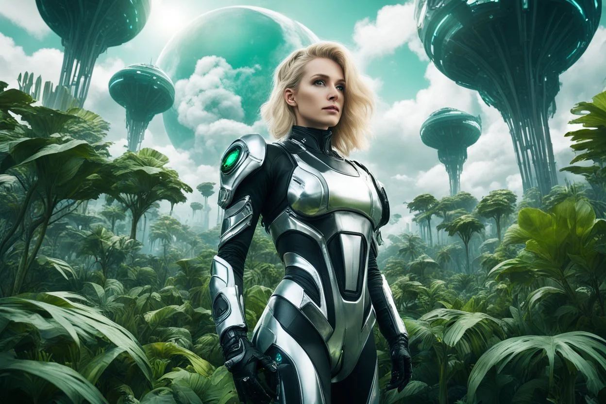 Wide angle photo of a sci-fi woman with blond hair, silver and black futuristic spacesuit looking android-like, standing on an alien jungle planet with cloud trees in multiple green hues