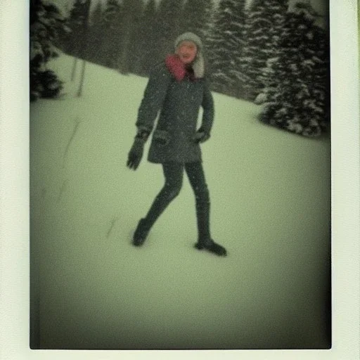 cryptid cretin in the snow polaroid vintage style realistic