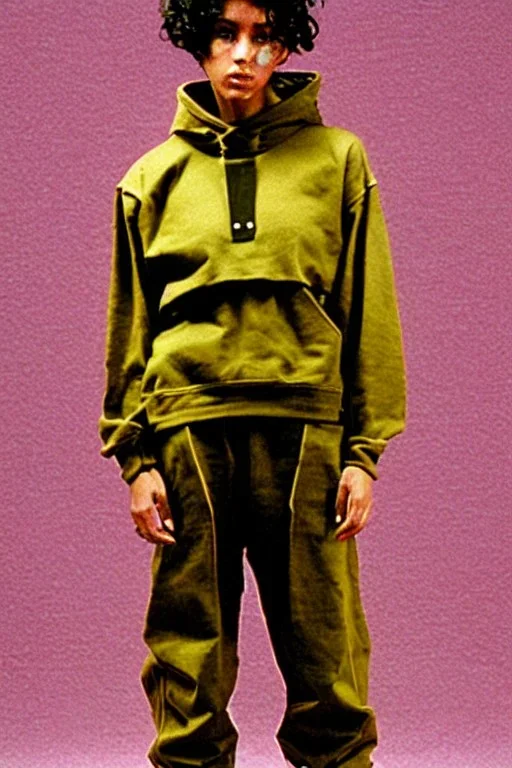 year 1999 women fashion, Techno, Loose, baggy, low waist Combat pants, t-shirt, new kind of hoodie with tippet! Colors: all denim colors, purple, khaki, light green, lilac, plum, orange, terracotta, red, pink, dark blue, beige. Patterns: lynx, balls, stripes. lynx belt. Something between camouflage and owl prints. Women models. Sharon Stone, Sandra Bullock, Winona Ryder, Milla Jovovich, Big tennis shoes on. Latex, denim and leather e.g. in Leg warmers.