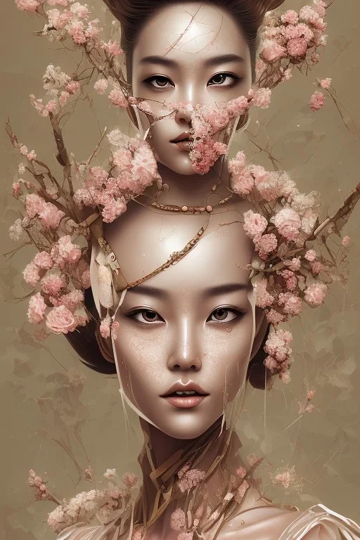 portrait, korean lady sitting on the throne, triangular face, thin lips, brown eyes, freckles, blond, dangerous, details, texture, pink flowers, Minimalism, Romanticism, Expressionism, Impressionism