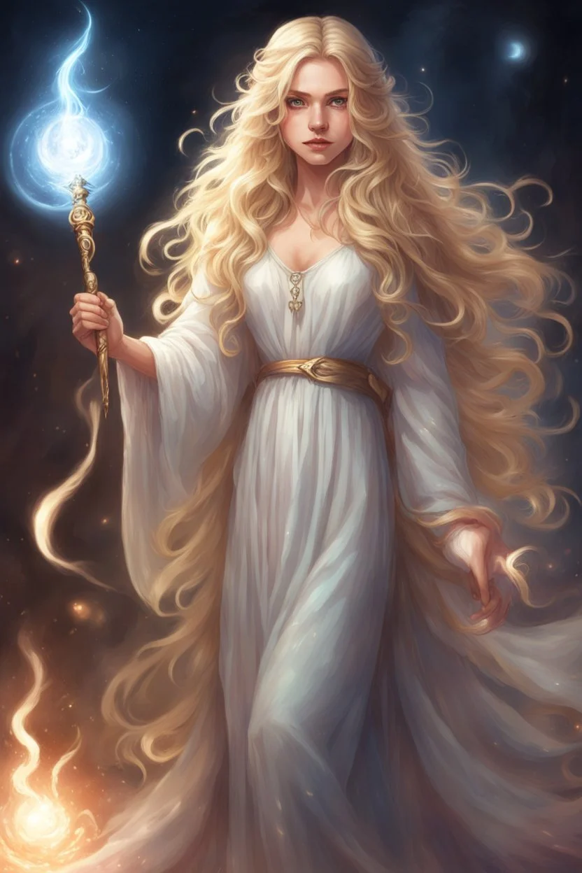 26-year-old sorceress, with long wavy blonde hair that fell over her shoulders, brown eyes, dressed in a long nightgown, carrying a luminous wand in her hand