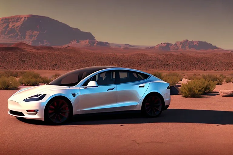 A Tesla 'Model Y' is parked, in the Mojave Desert. (CINEMATIC, WIDE ANGLE LENS, PHOTO REAL)